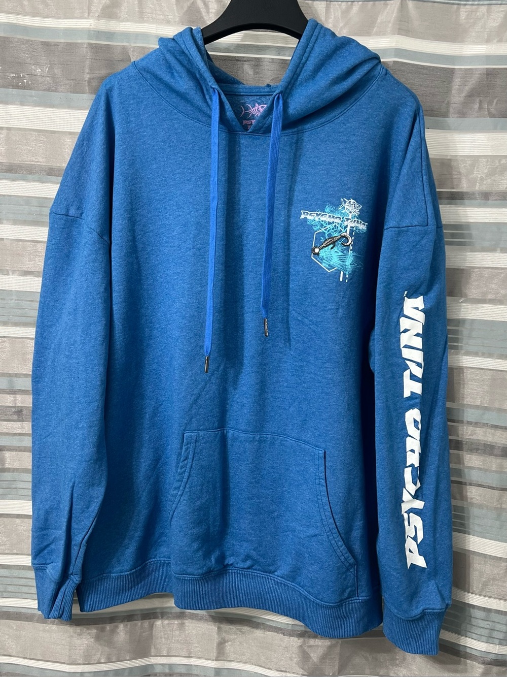 Psycho Tuna Mens Blue Hoodie with Fishing Graphics & Logo on Sleeve -